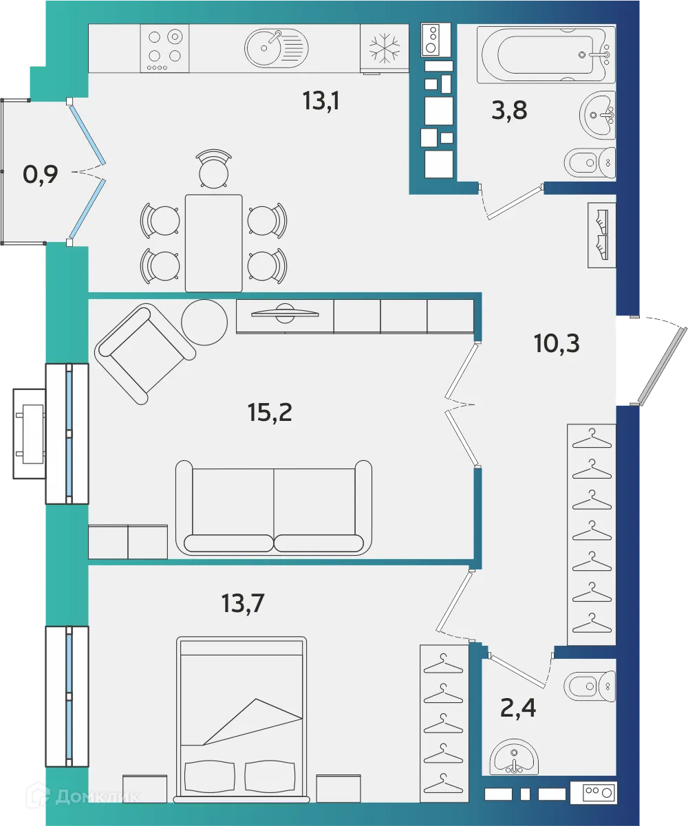 Планировка 2-комнатной квартиры 58.77 м² в ЖК Экополис, г. Альметьевск — фото 1