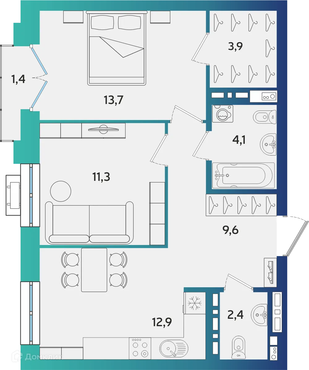 Планировка 2-комнатной квартиры 58.32 м² в ЖК Экополис, г. Альметьевск — фото 1