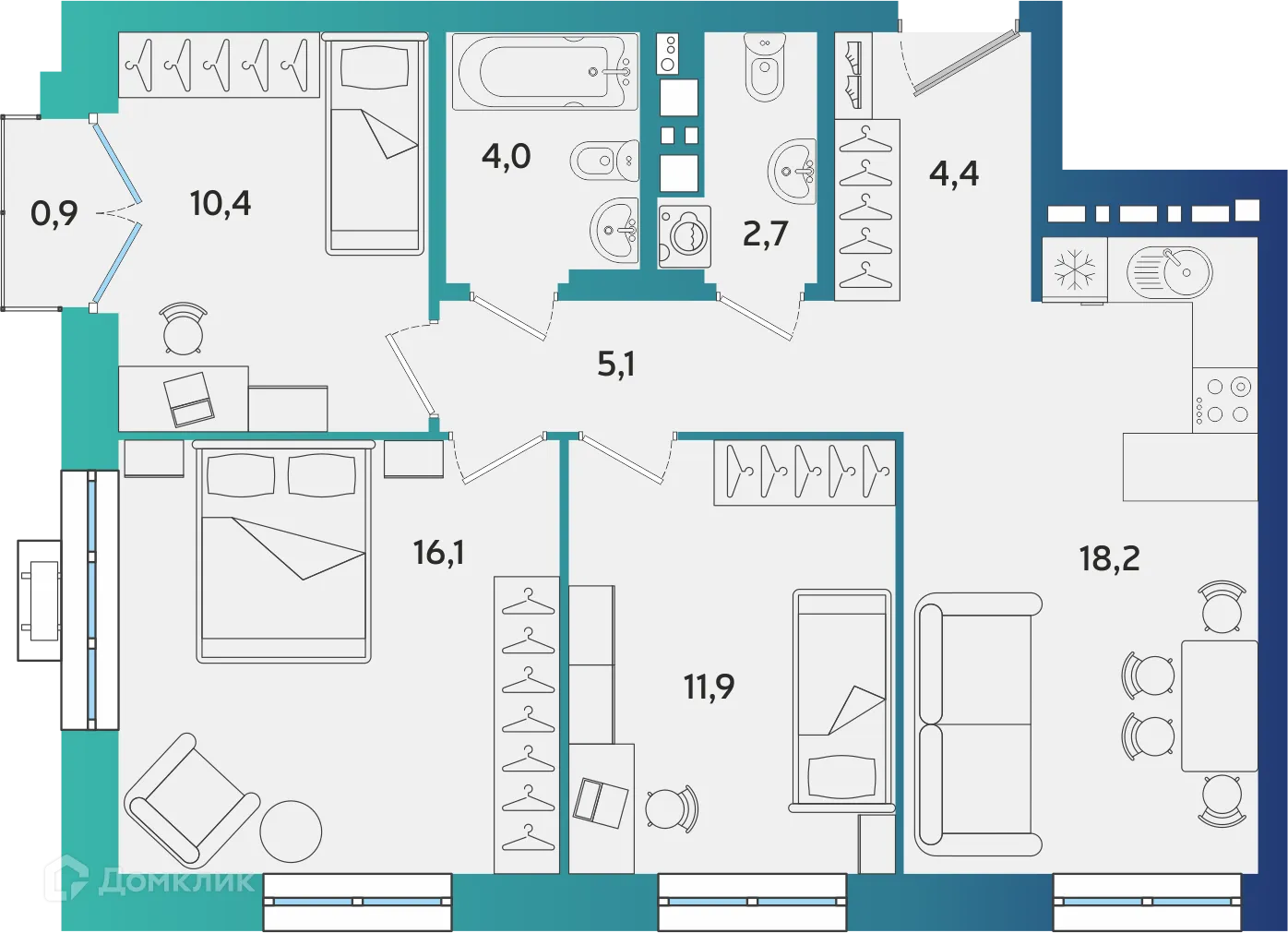 Планировка 3-комнатной квартиры 73.07 м² в ЖК Экополис, г. Альметьевск — фото 1