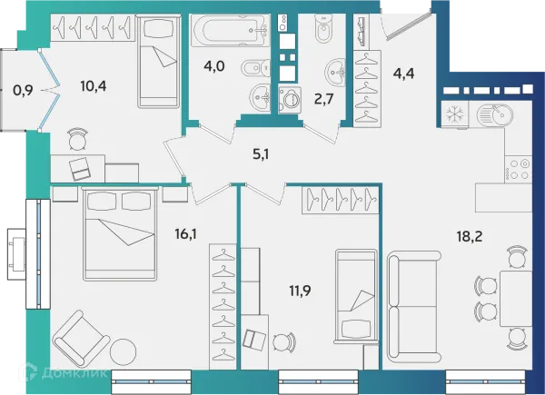 Планировка 3 комн. в ЖК Экополис