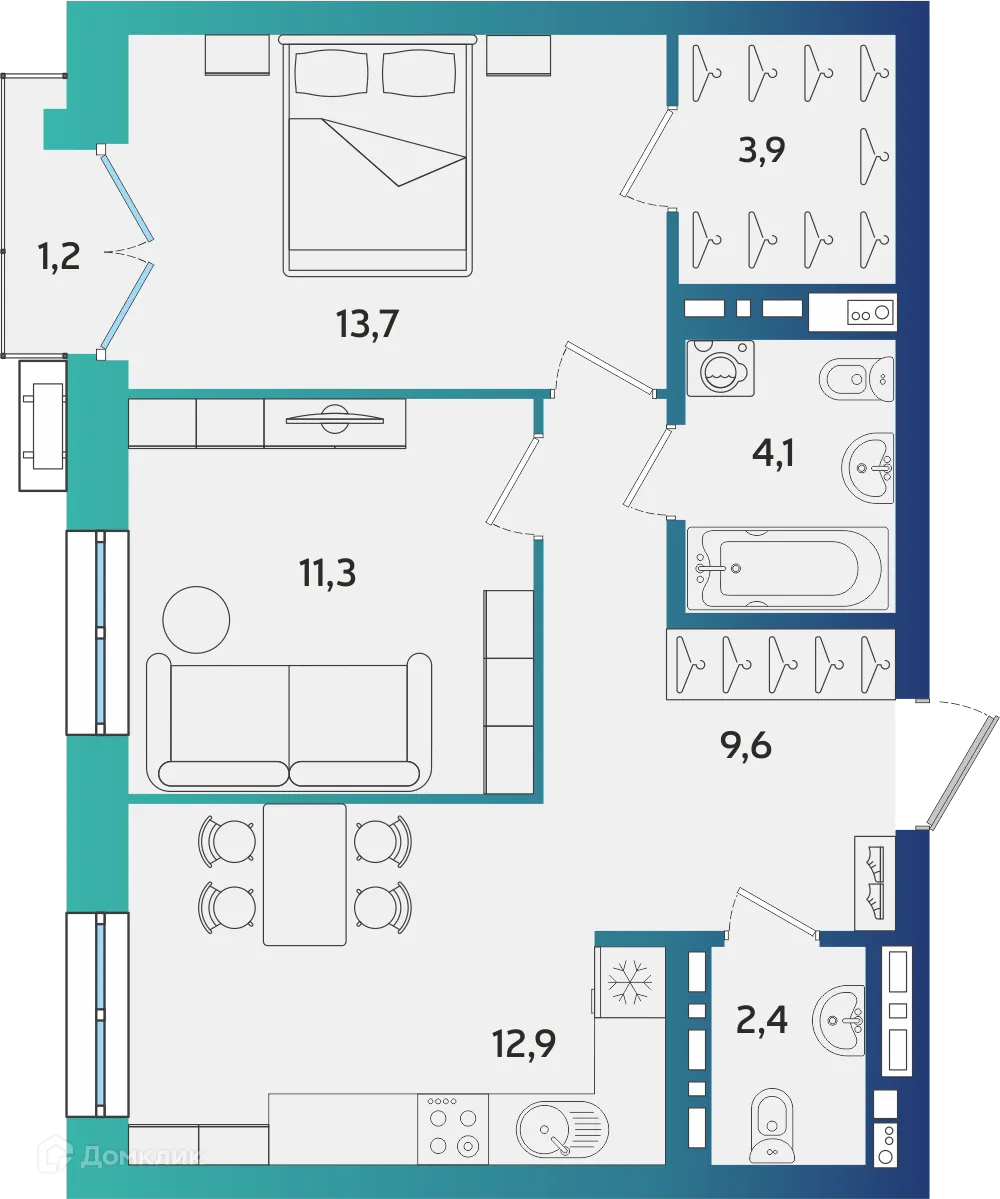 Планировка 2-комнатной квартиры 58.26 м² в ЖК Экополис, г. Альметьевск — фото 1