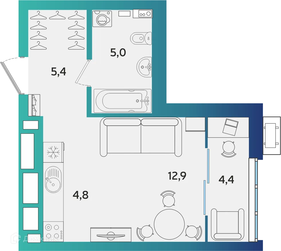 Планировка 1-комнатной квартиры 32.5 м² в ЖК Экополис, г. Альметьевск — фото 1