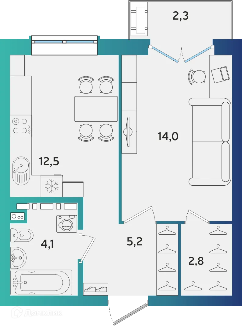 Планировка 1-комнатной квартиры 39.29 м² в ЖК Экополис, г. Альметьевск — фото 1
