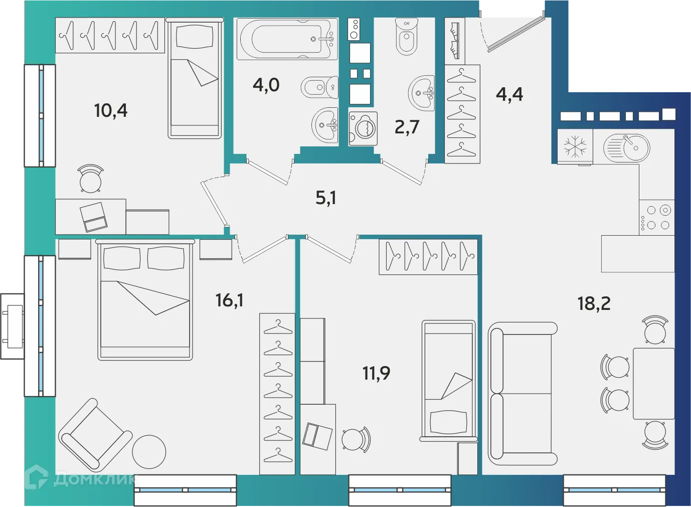 Планировка 3-комнатной квартиры 72.8 м² в ЖК Экополис, г. Альметьевск — фото 1