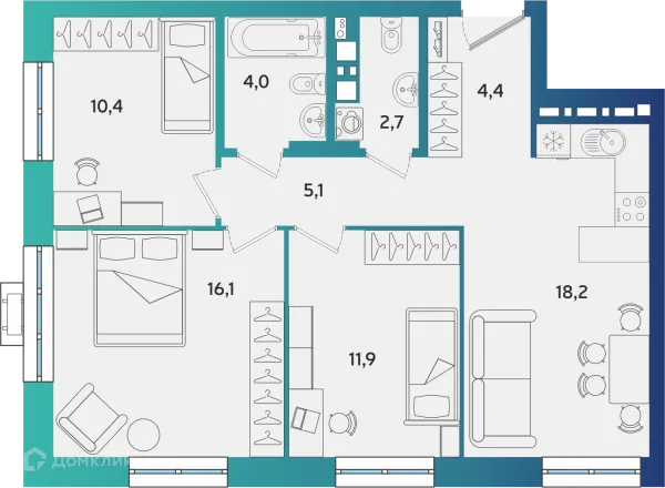 Планировка 3 комн. в ЖК Экополис
