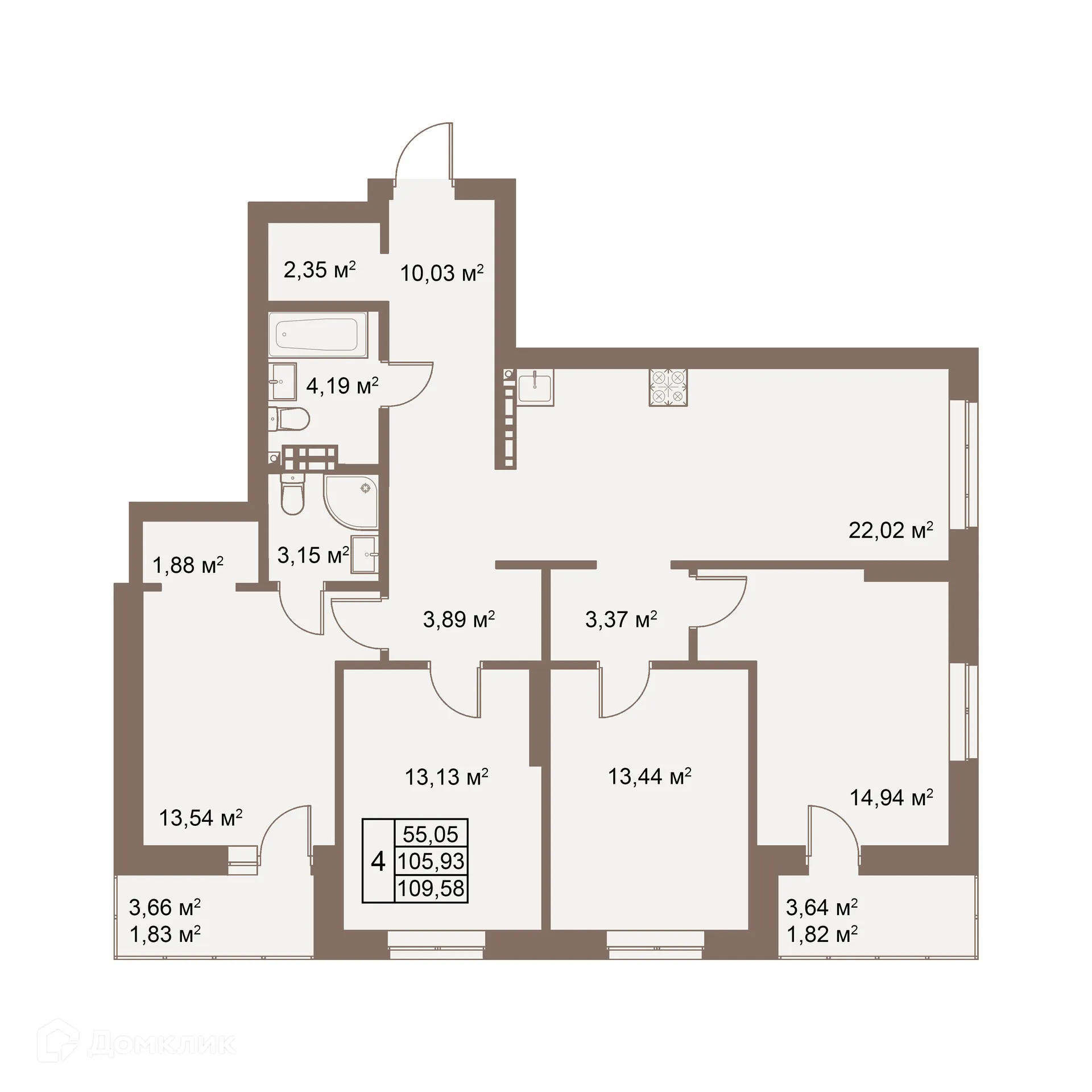 Планировка 4-комнатной квартиры 109.58 м² в ЖК Покровский парк, г. Верхняя Пышма — фото 1