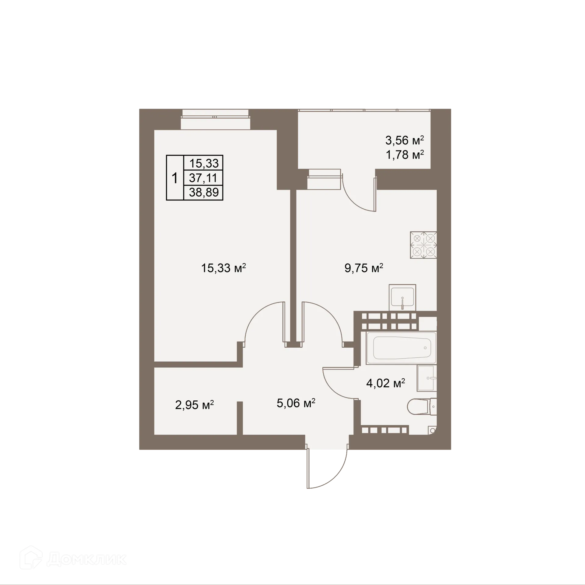 Планировка 1-комнатной квартиры 38.89 м² в ЖК Покровский парк, г. Верхняя Пышма — фото 1