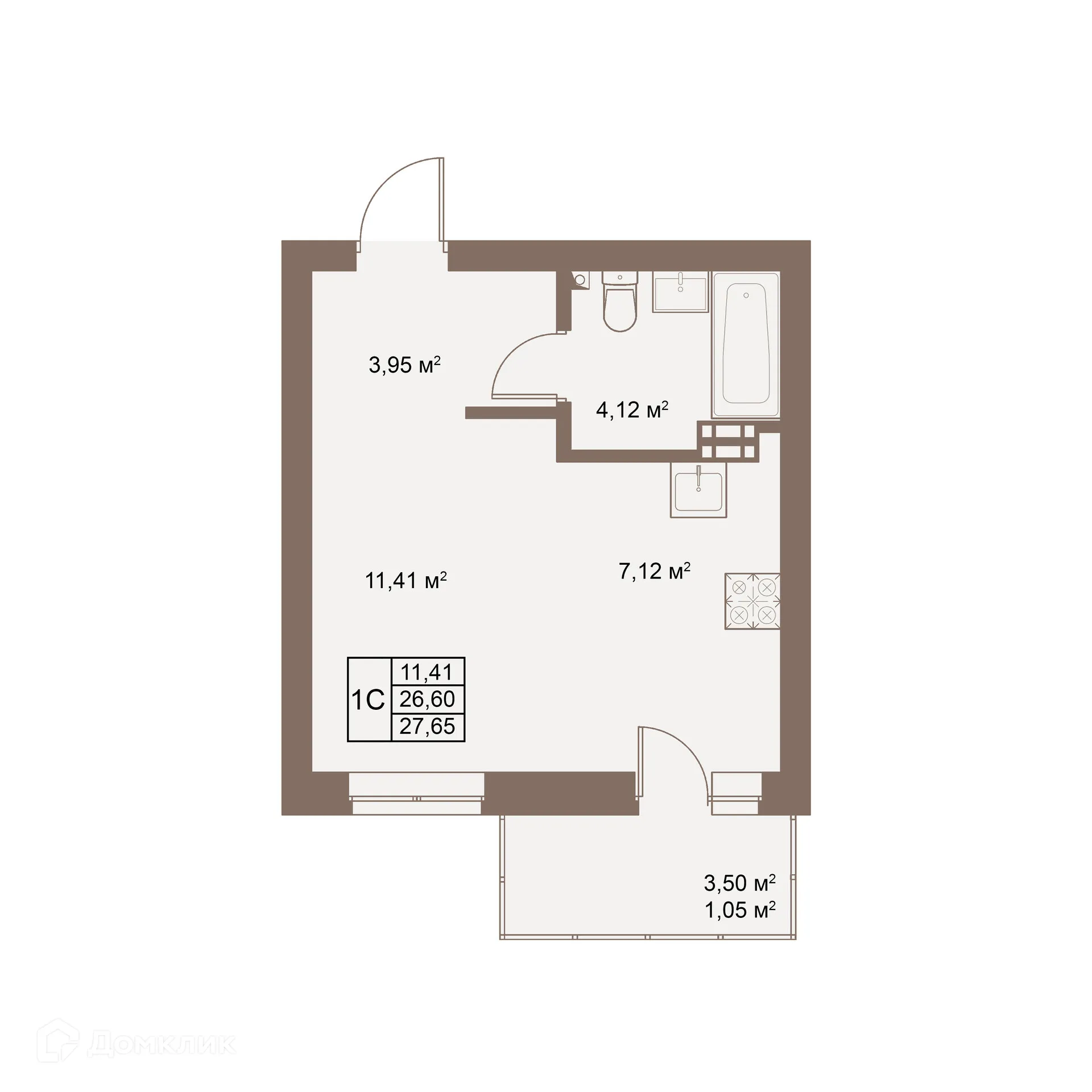 Планировка студии квартиры 27.65 м² в ЖК Покровский парк, г. Верхняя Пышма — фото 1