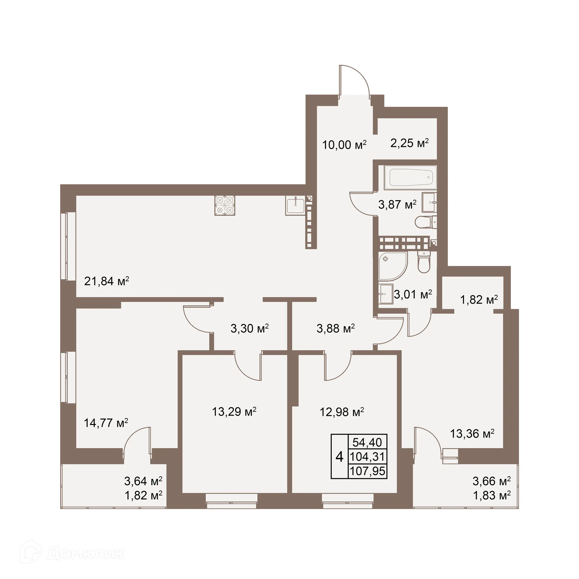 Планировка 4-комнатной квартиры 107.95 м² в ЖК Покровский парк, г. Верхняя Пышма — фото 1