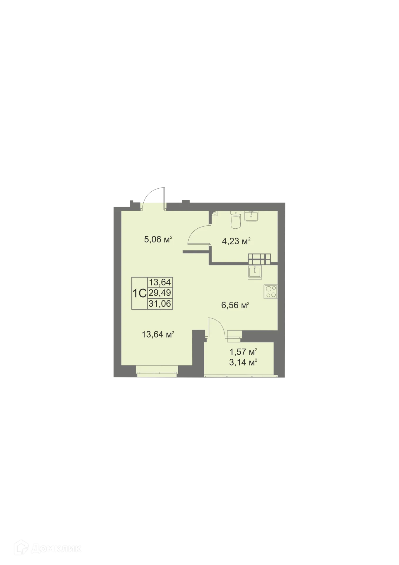 Планировка студии квартиры 31.06 м² в ЖК Покровский парк, г. Верхняя Пышма — фото 1