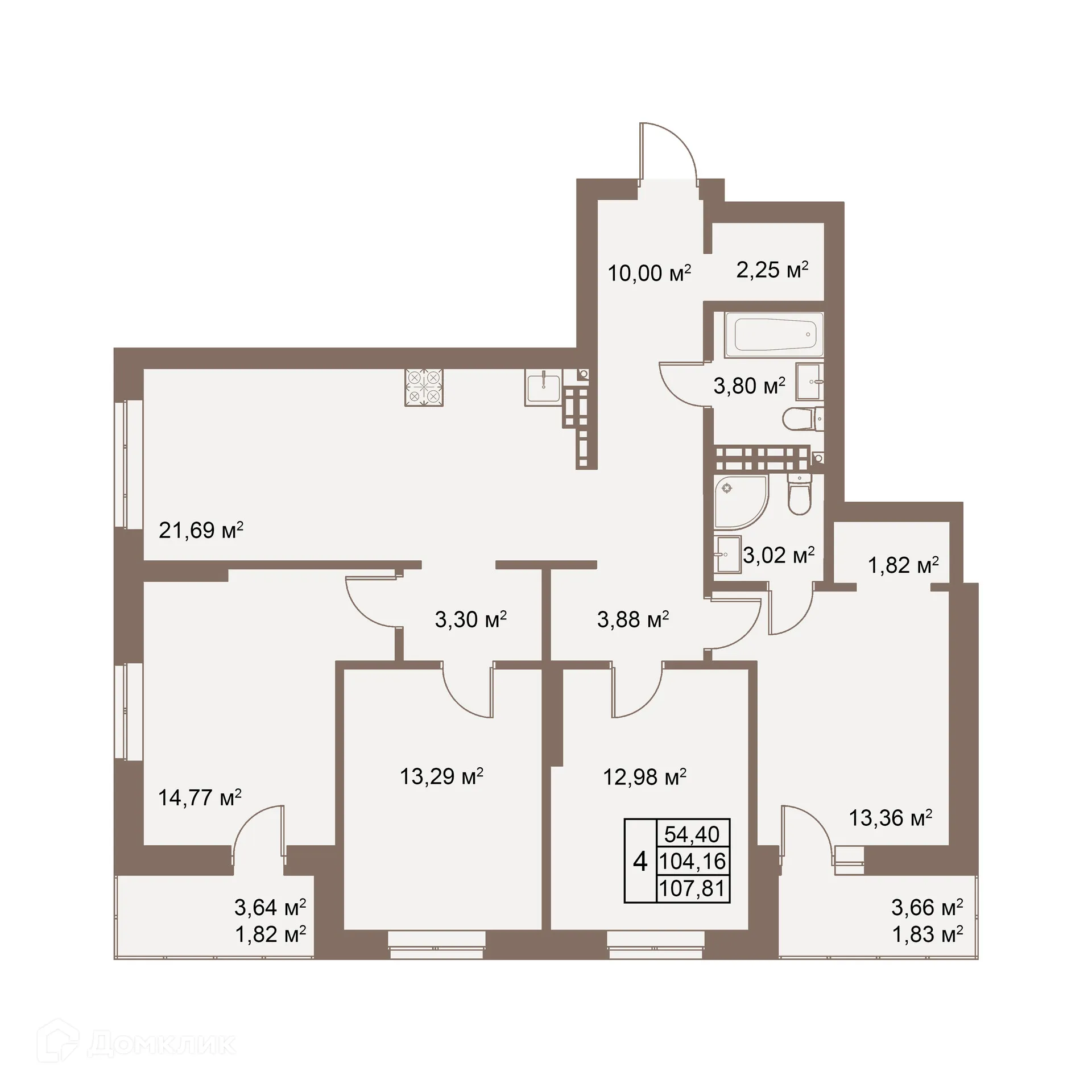 Планировка 4-комнатной квартиры 107.81 м² в ЖК Покровский парк, г. Верхняя Пышма — фото 1