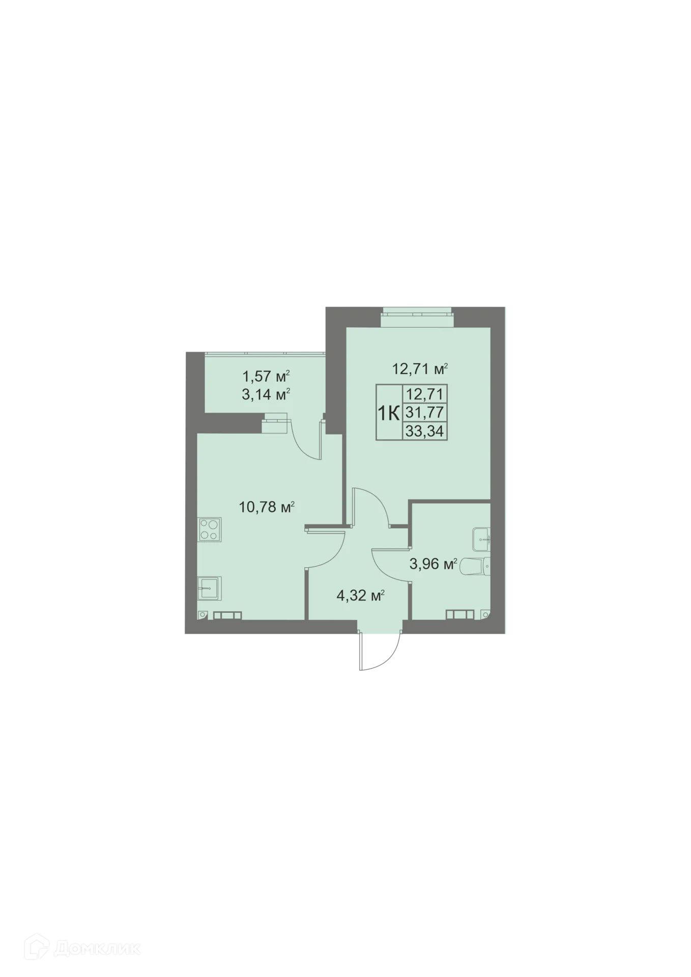 Планировка 1-комнатной квартиры 33.34 м² в ЖК Покровский парк, г. Верхняя Пышма — фото 1