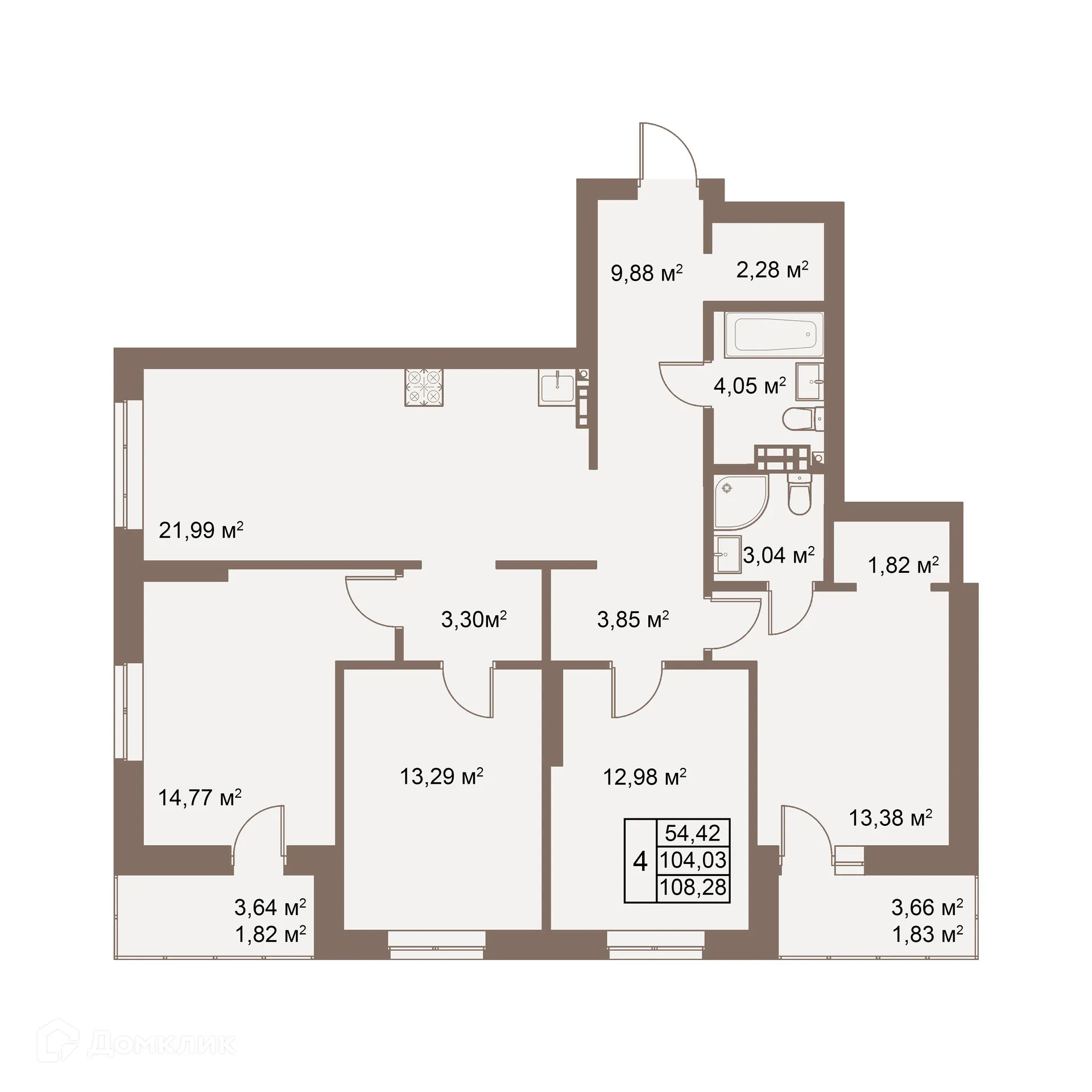 Планировка 4-комнатной квартиры 108.4 м² в ЖК Покровский парк, г. Верхняя Пышма — фото 1
