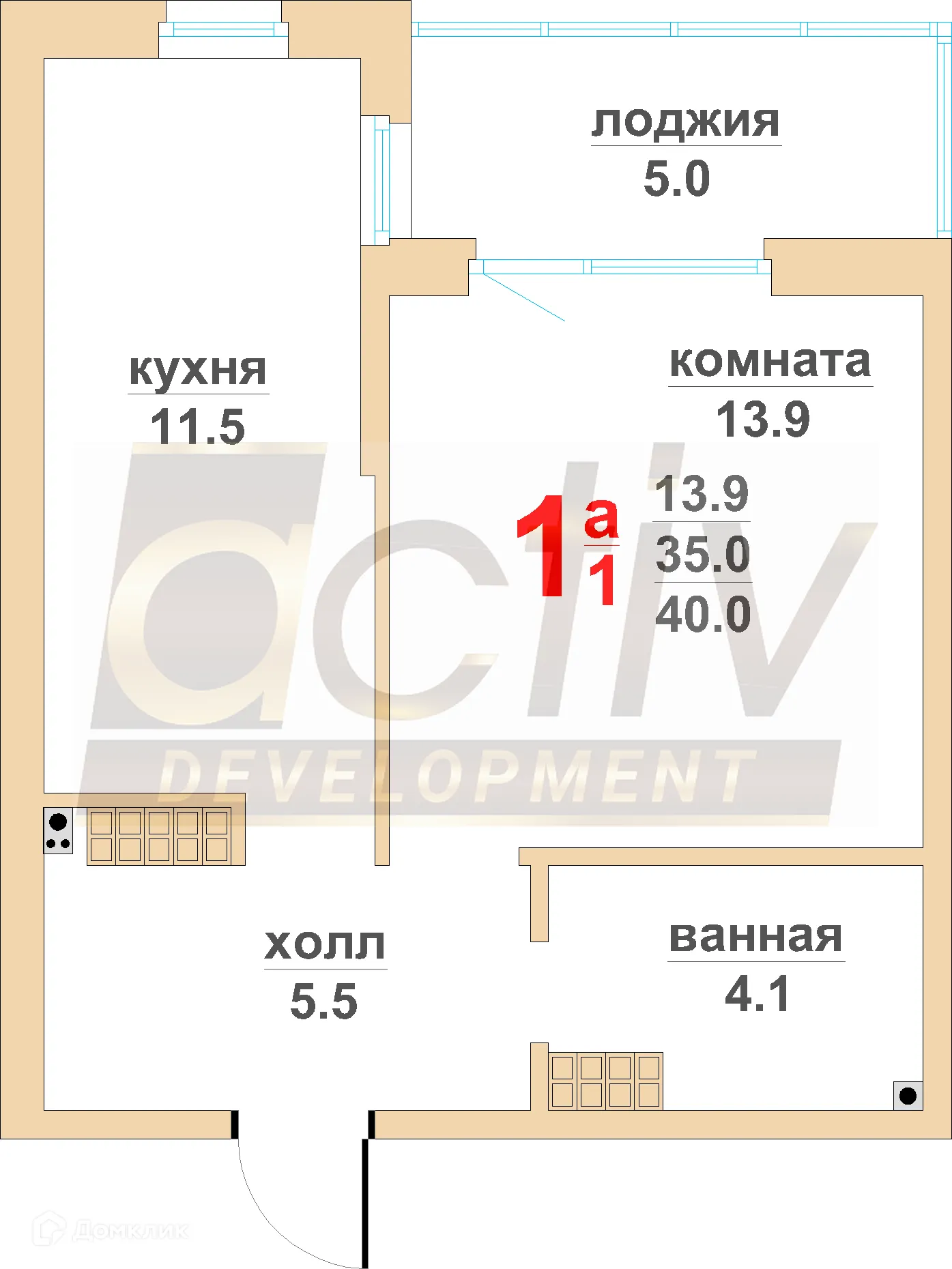 Планировка 1-комнатной квартиры 45.2 м² в ЖК Тихий центр-4, г. Верхняя Пышма — фото 1