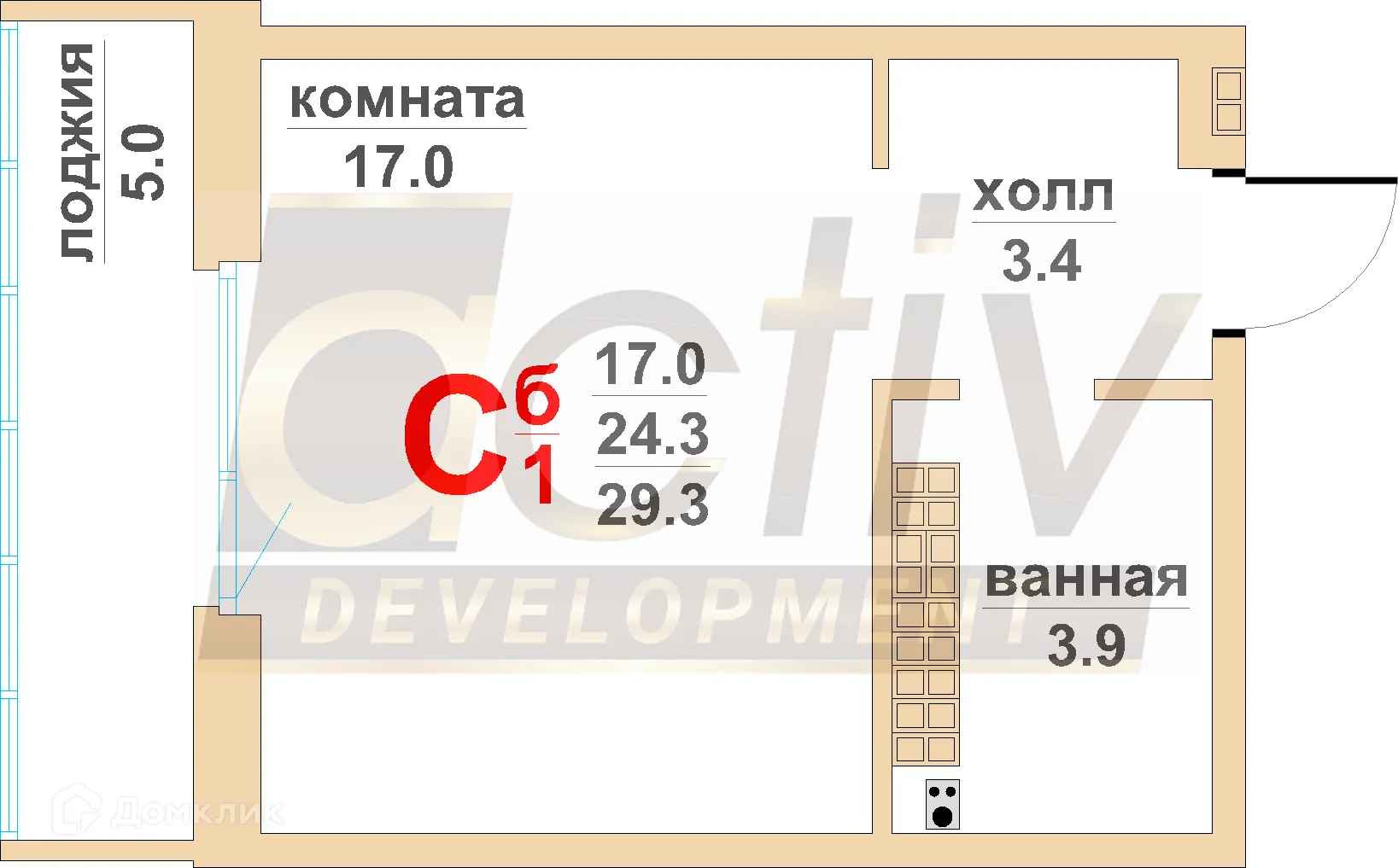 Планировка студии квартиры 34.1 м² в ЖК Тихий центр-4, г. Верхняя Пышма — фото 1