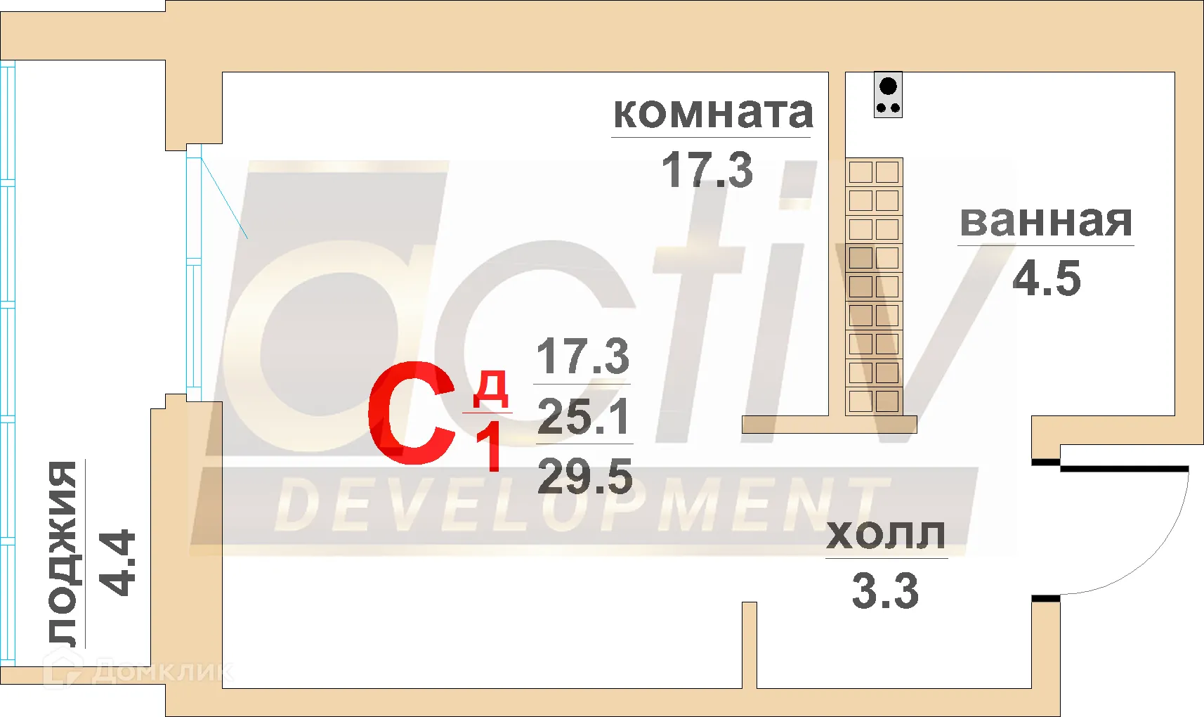 Планировка студии квартиры 33.8 м² в ЖК Тихий центр-4, г. Верхняя Пышма — фото 1