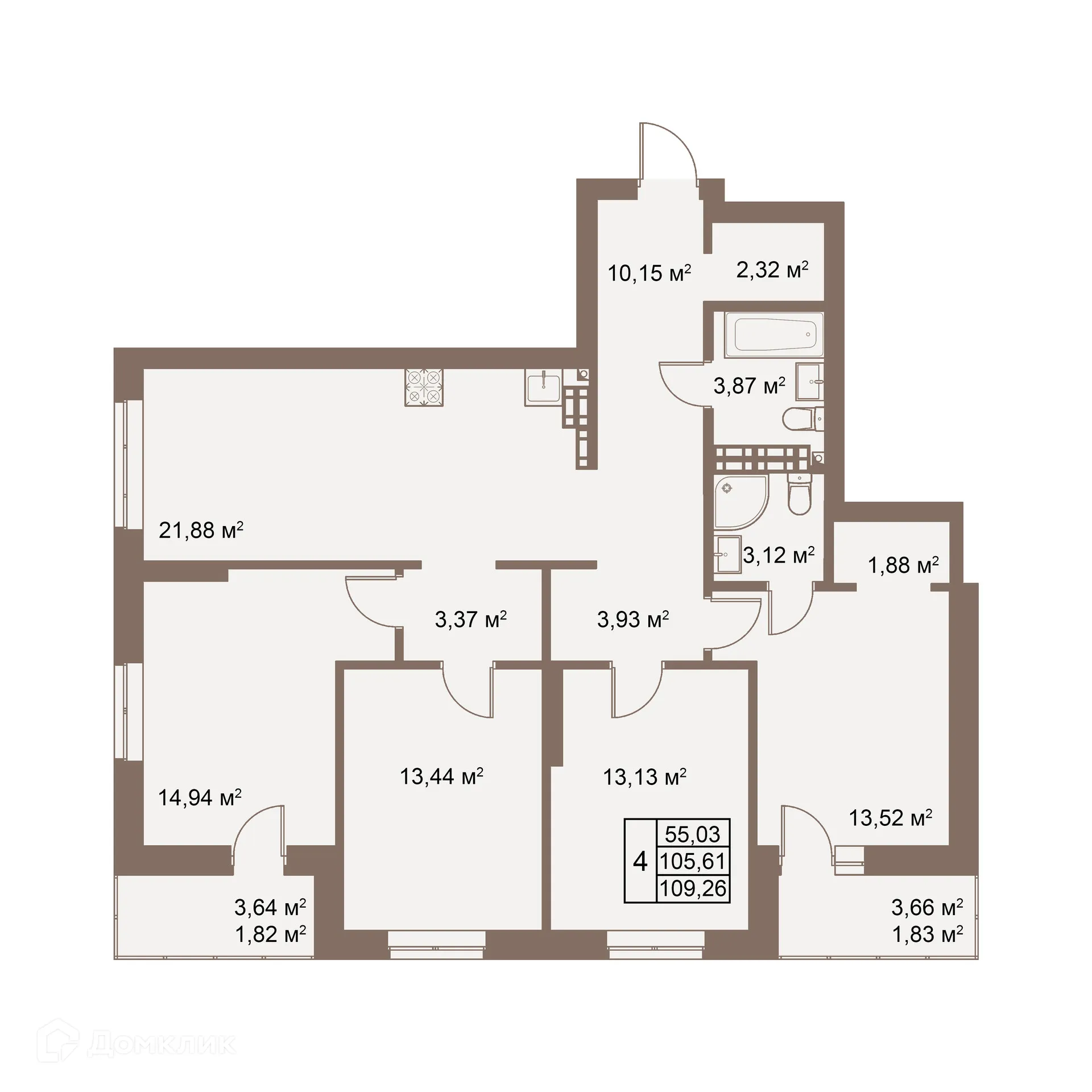 Планировка 4-комнатной квартиры 109.26 м² в ЖК Покровский парк, г. Верхняя Пышма — фото 1