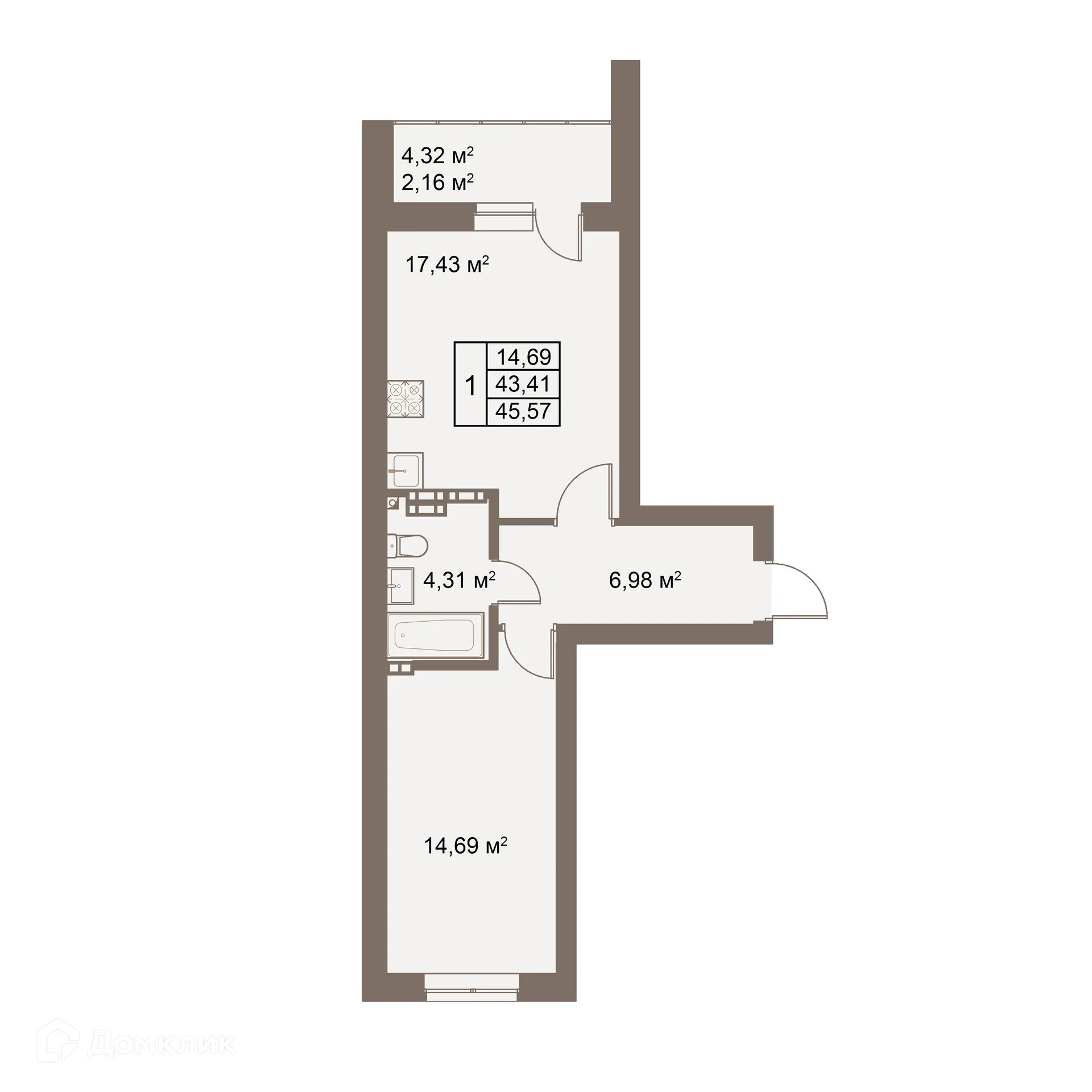 Планировка 1-комнатной квартиры 45.57 м² в ЖК Покровский парк, г. Верхняя Пышма — фото 1