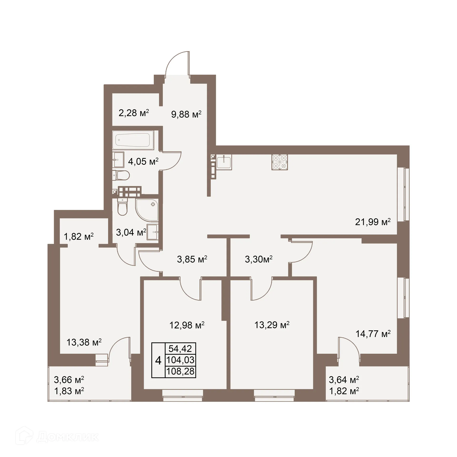 Планировка 4-комнатной квартиры 108.28 м² в ЖК Покровский парк, г. Верхняя Пышма — фото 1