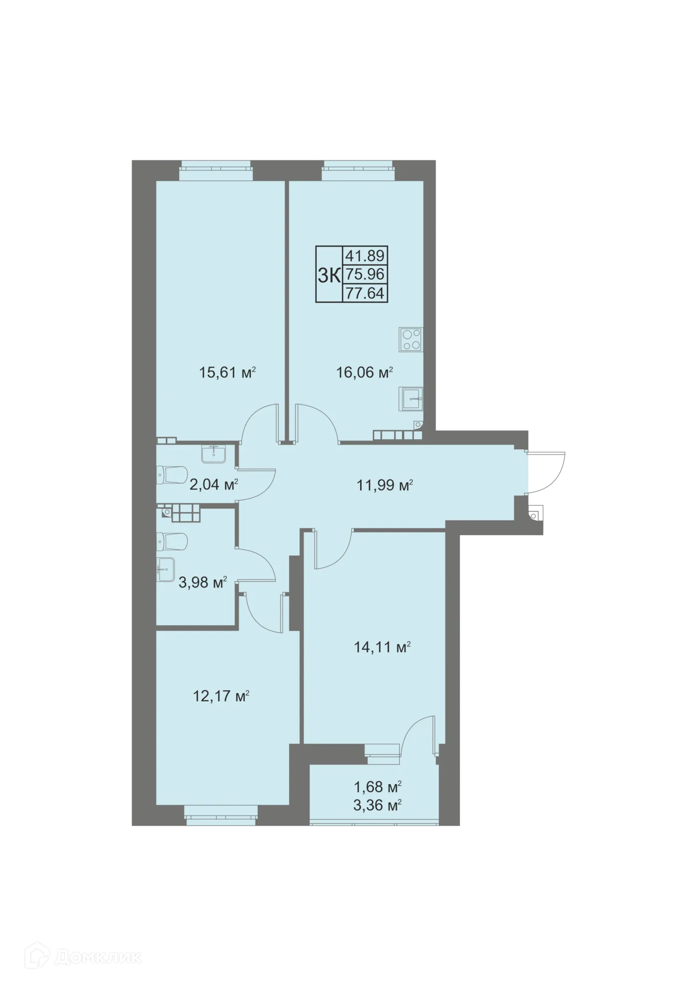 Планировка 3-комнатной квартиры 77.64 м² в ЖК Покровский парк, г. Верхняя Пышма — фото 1