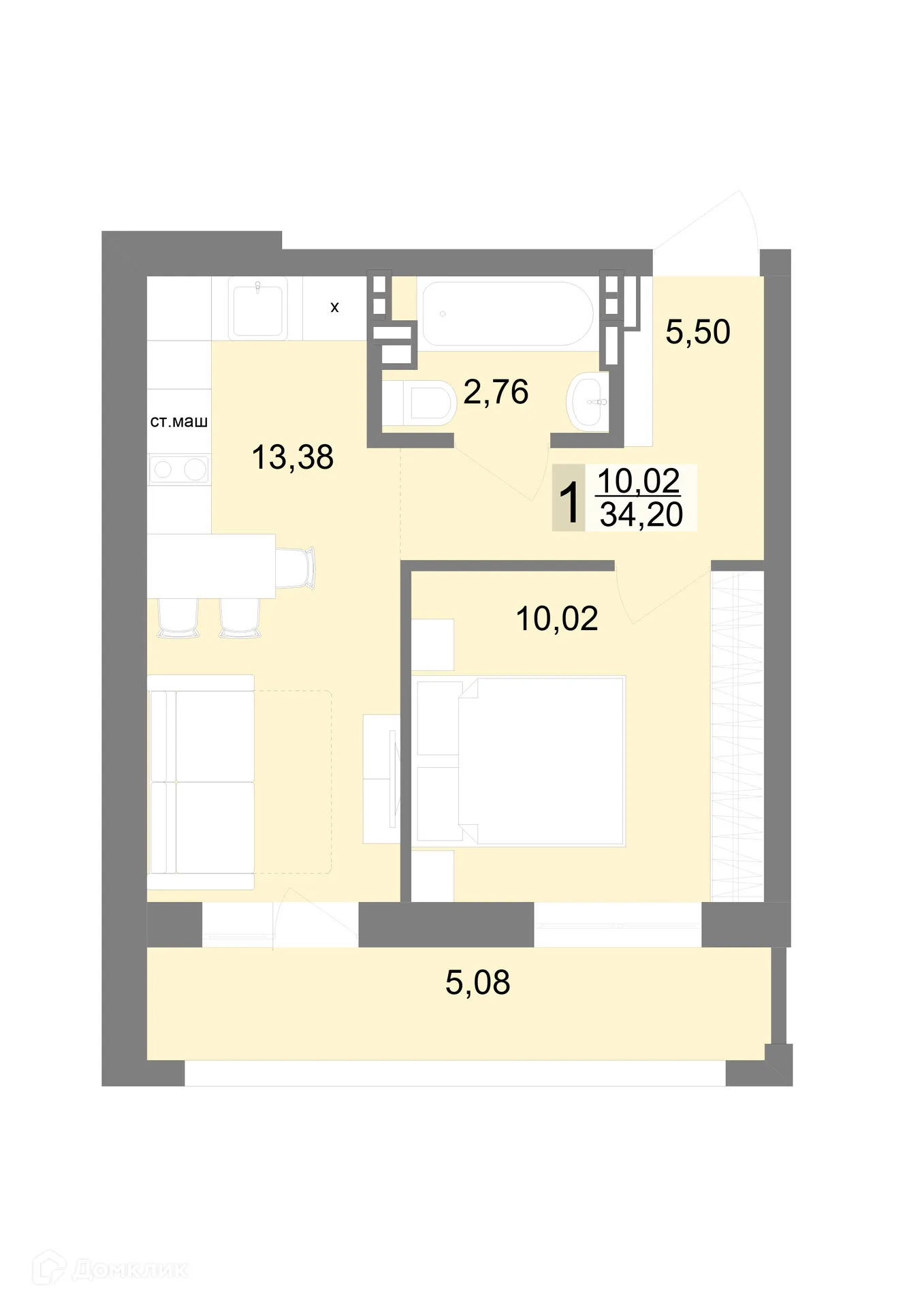 Планировка 1-комнатной квартиры 34.1 м² в ЖК "VENEZIA (Венеция)", г. Верхняя Пышма — фото 1