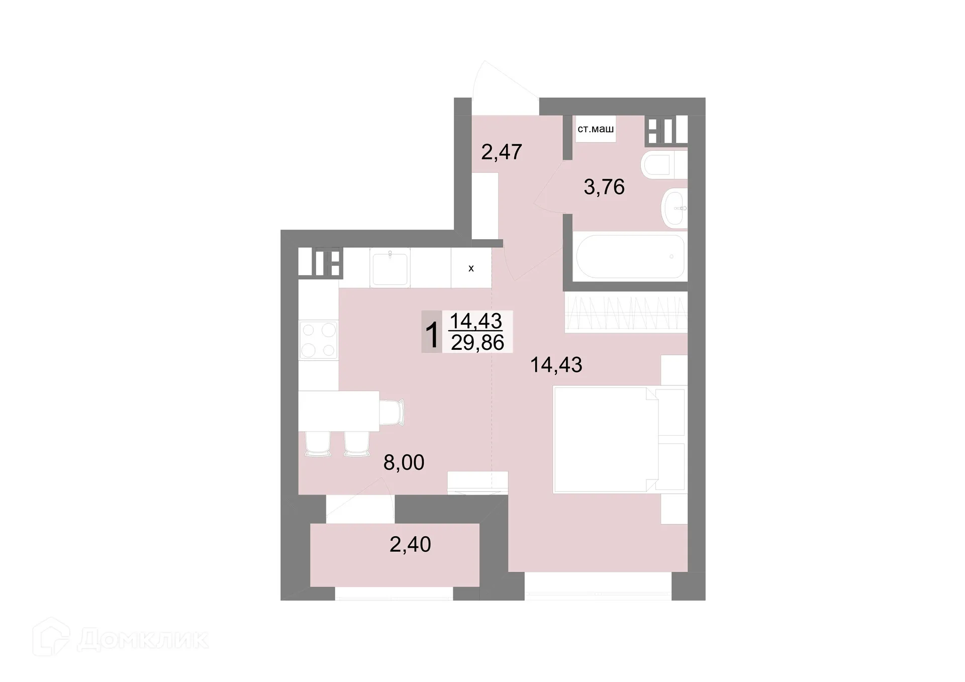 Планировка студии квартиры 29.8 м² в ЖК "VENEZIA (Венеция)", г. Верхняя Пышма — фото 1