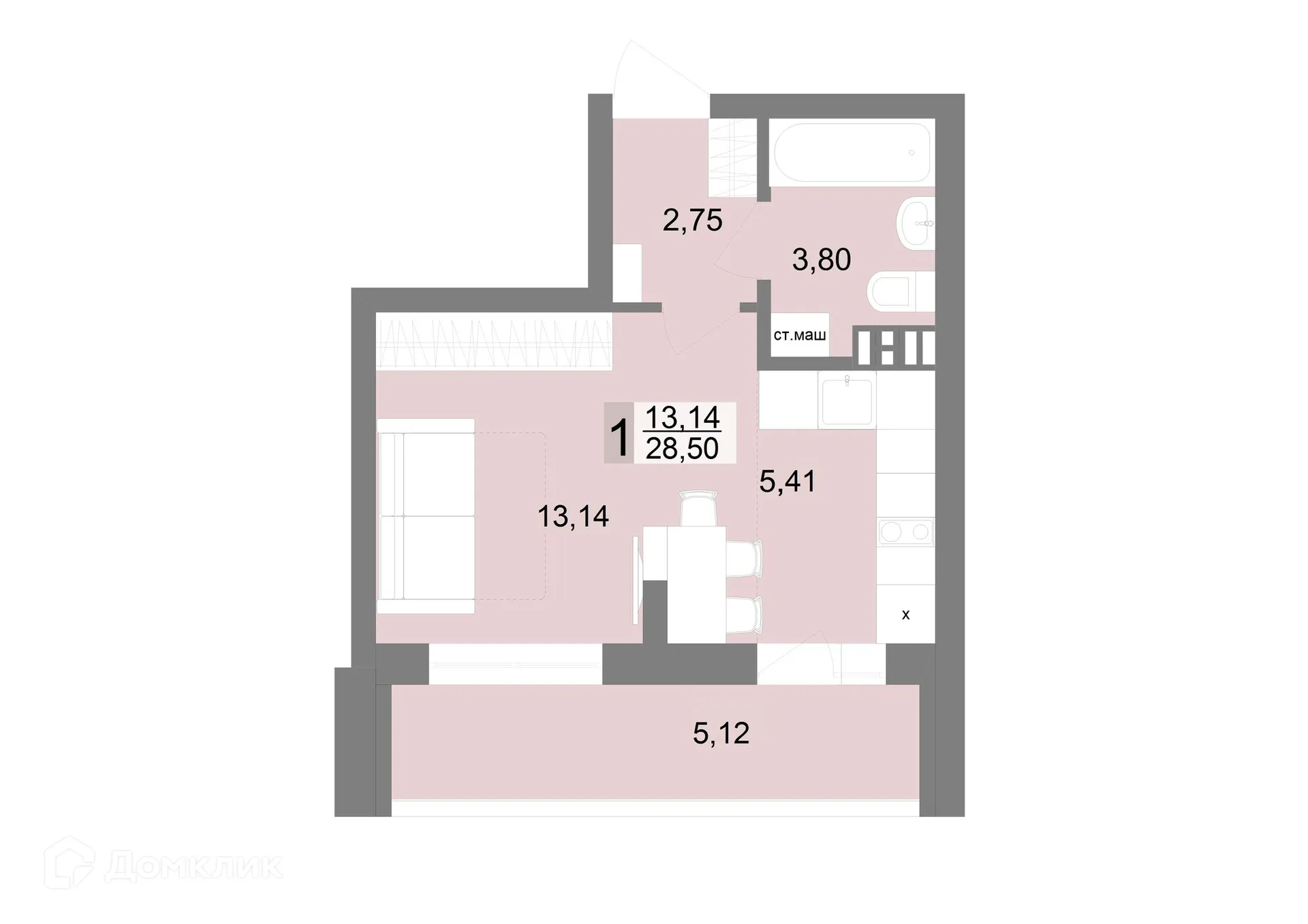 Планировка студии квартиры 28.4 м² в ЖК "VENEZIA (Венеция)", г. Верхняя Пышма — фото 1
