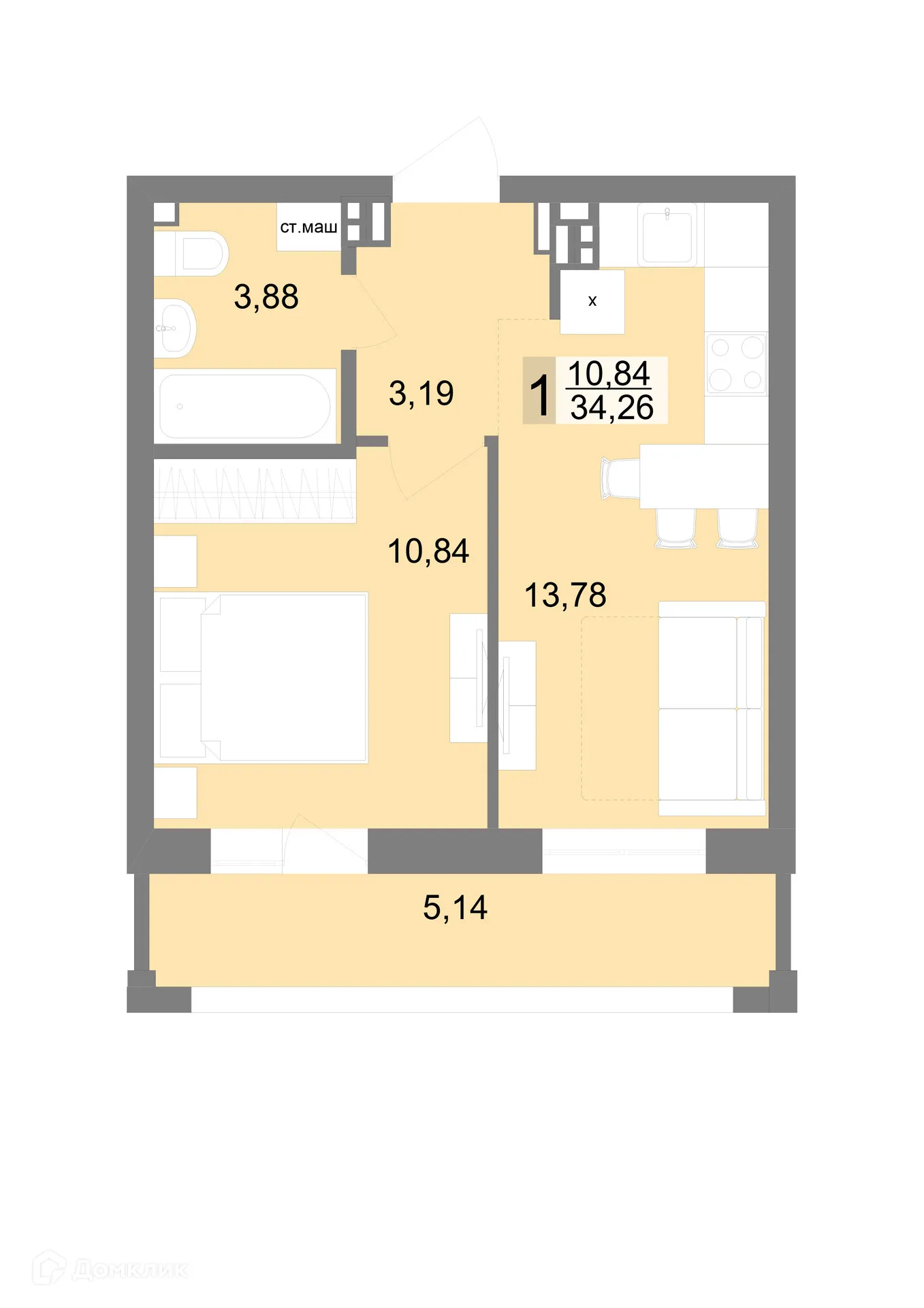 Планировка 1-комнатной квартиры 34.7 м² в ЖК "VENEZIA (Венеция)", г. Верхняя Пышма — фото 1