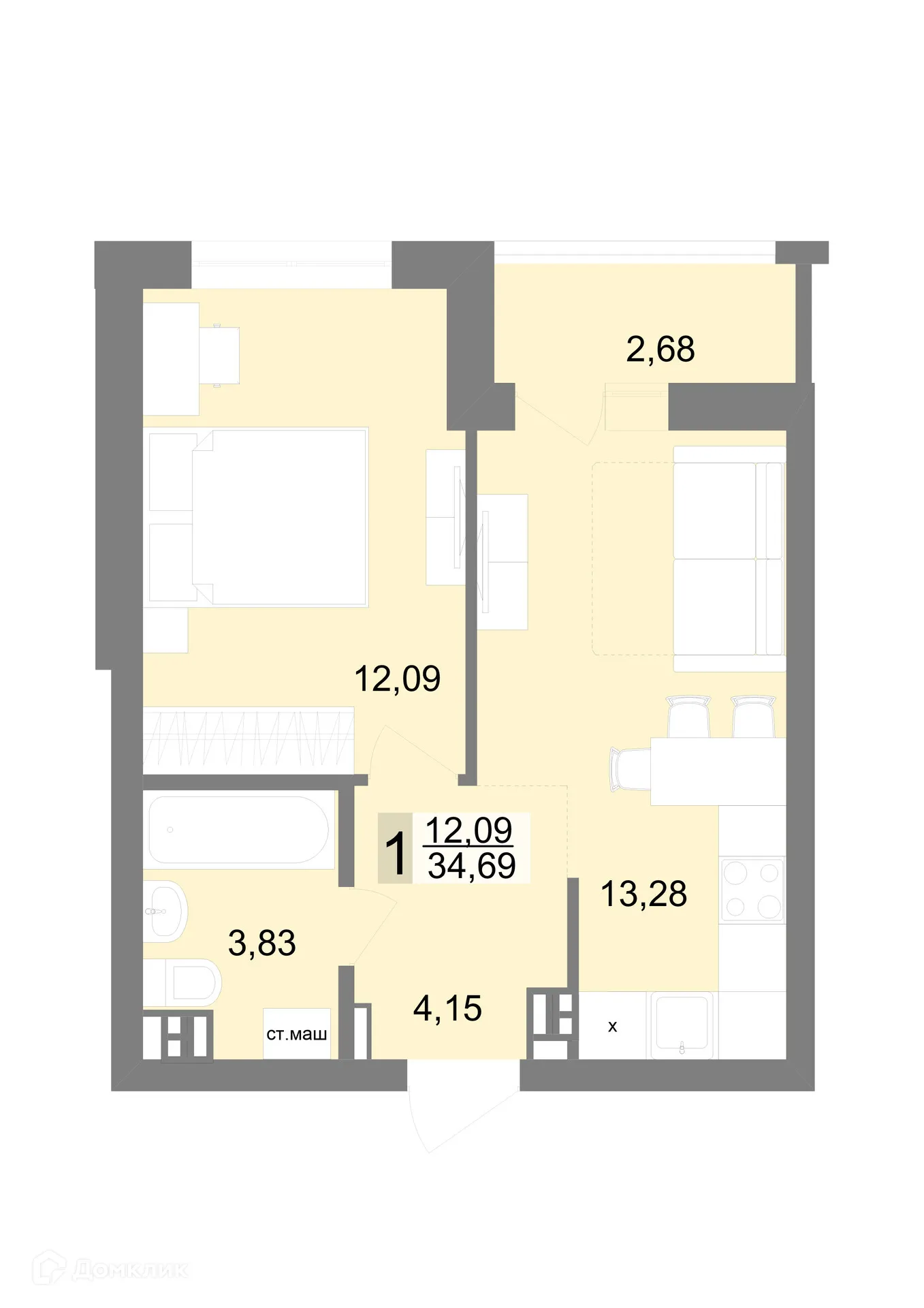 Планировка 1-комнатной квартиры 34.9 м² в ЖК "VENEZIA (Венеция)", г. Верхняя Пышма — фото 1