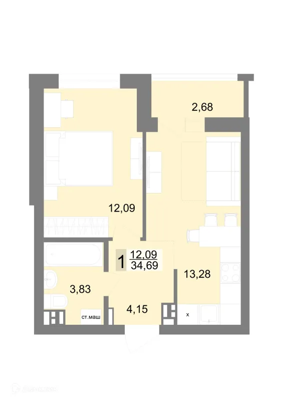 Планировка 1 комн. в ЖК "VENEZIA (Венеция)"