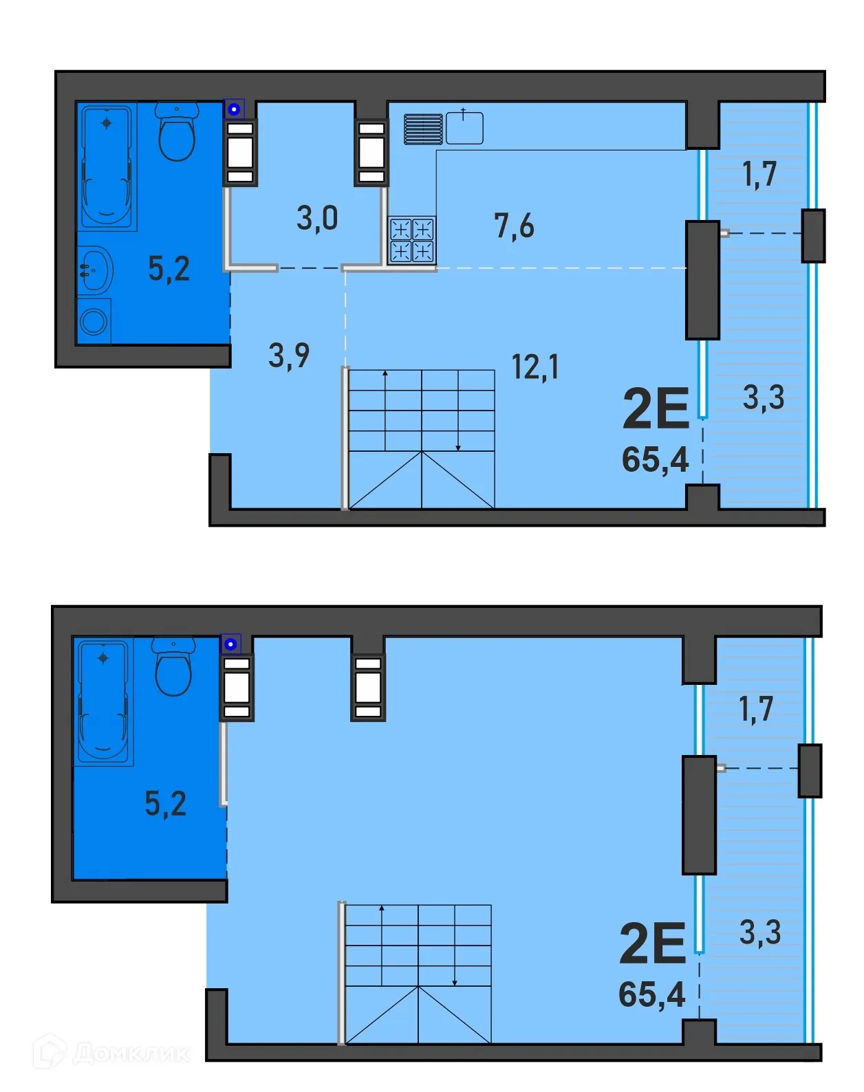 Планировка 2-комнатной квартиры 65.4 м² в ЖК Семейный район Петровский Премиум, г. Верхняя Пышма — фото 1