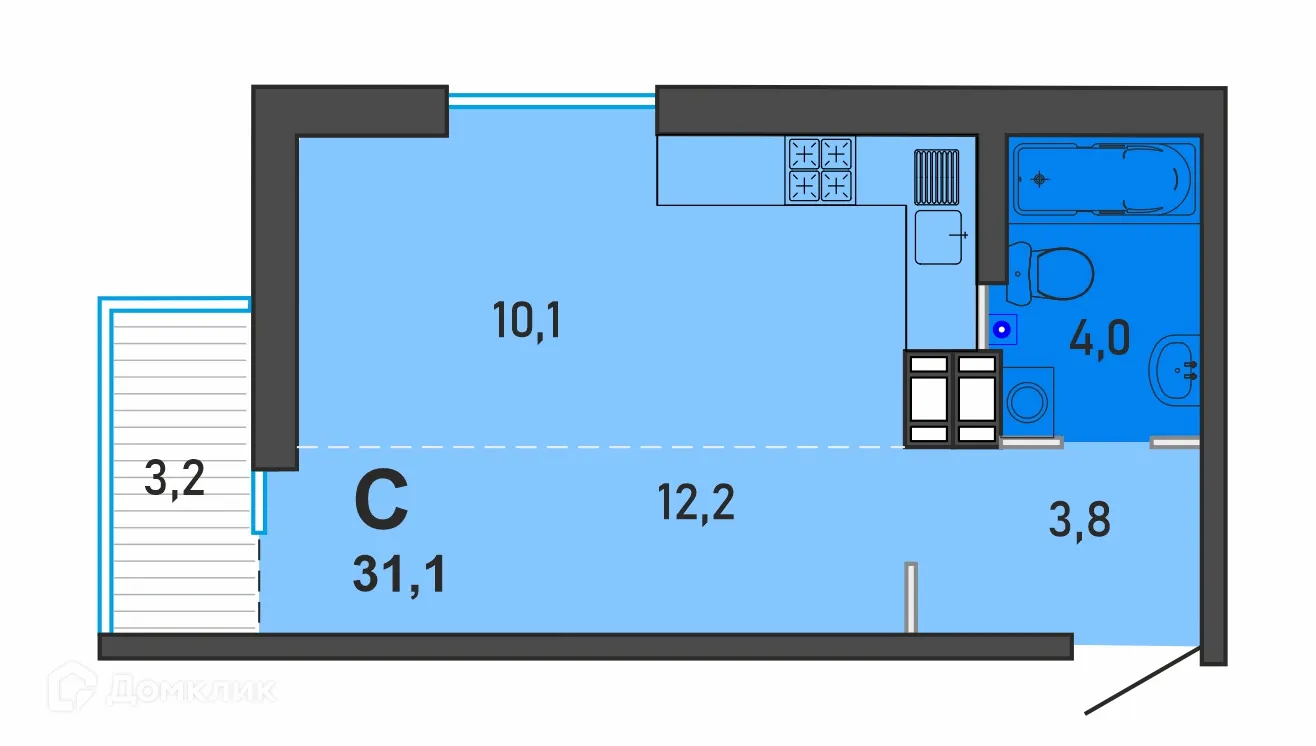 Планировка студии квартиры 31.1 м² в ЖК Семейный район Петровский Премиум, г. Верхняя Пышма — фото 1