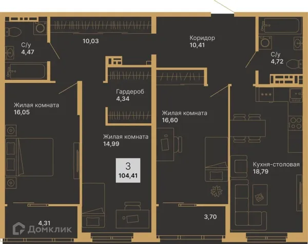 Планировка 3 комн. в ЖК Дуэт