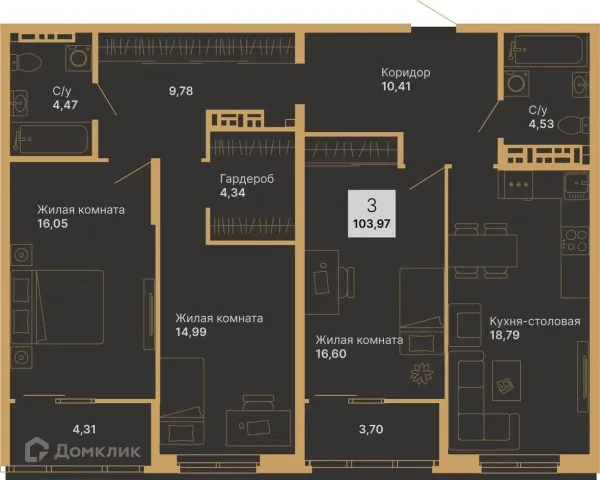 Планировка 3 комн. в ЖК Дуэт