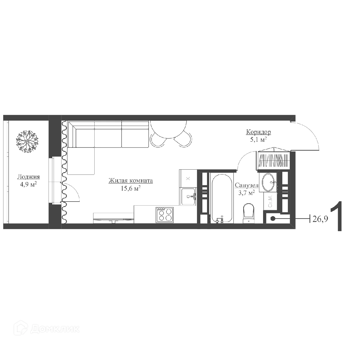 Планировка студии квартиры 26.7 м² в ЖК "Акварели", г. Зеленодольск — фото 1