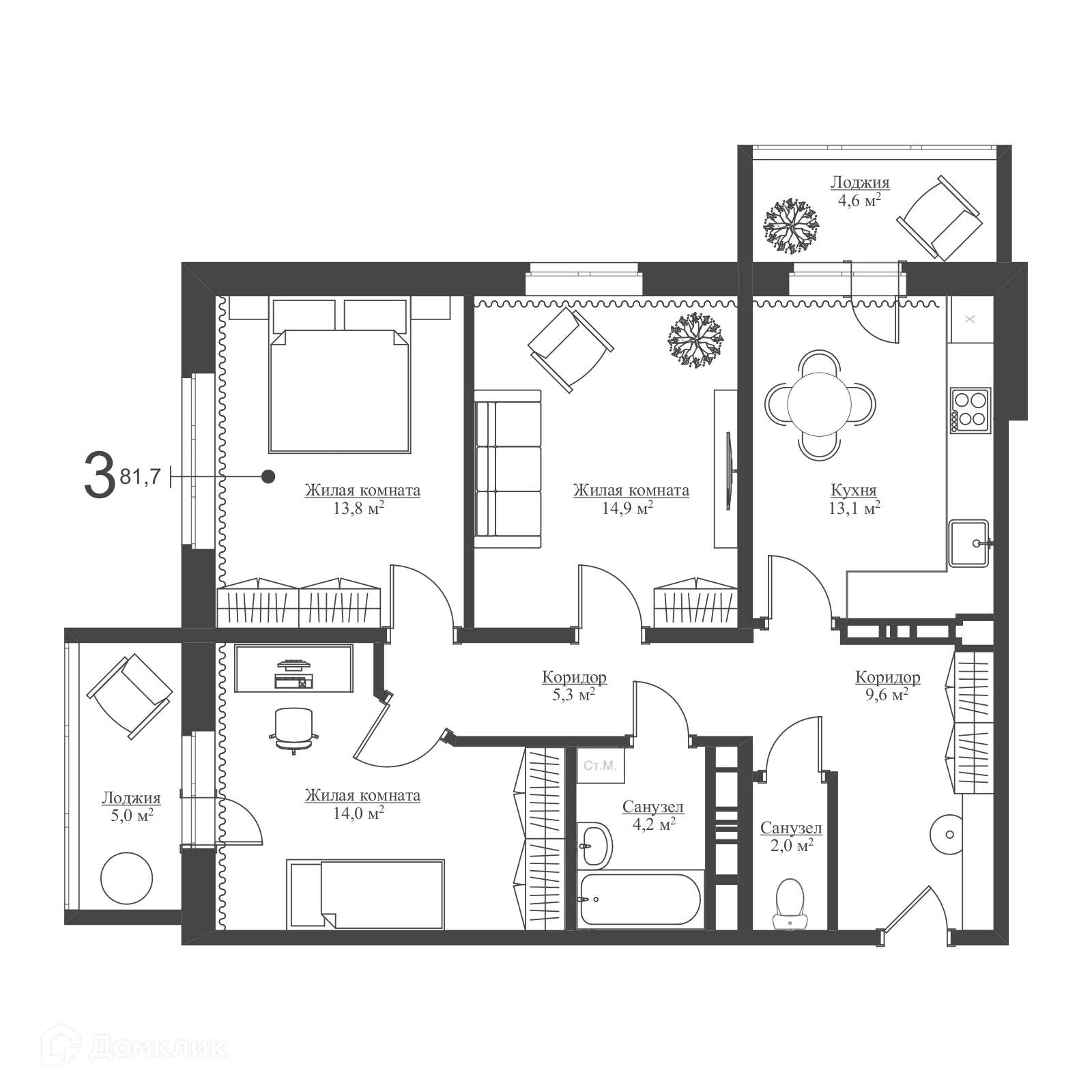 Планировка 3-комнатной квартиры 81.5 м² в ЖК Акварели Парк, г. Зеленодольск — фото 1