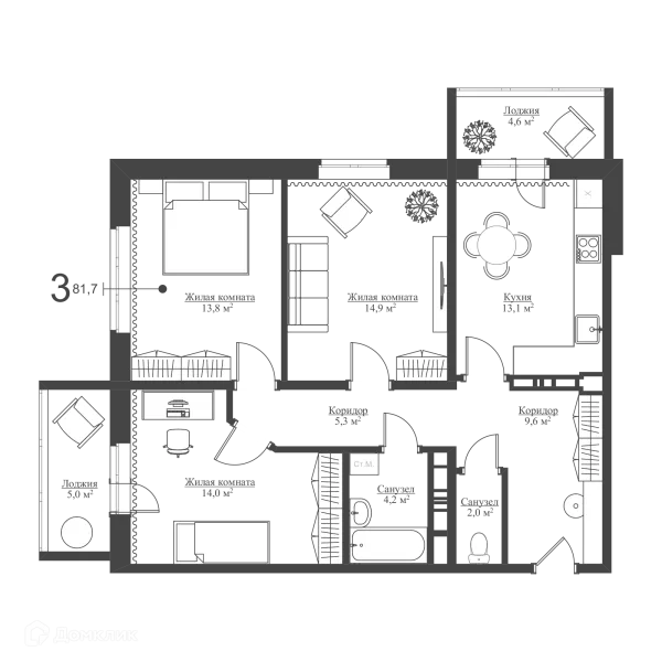 Планировка 3 комн. в ЖК Акварели Парк
