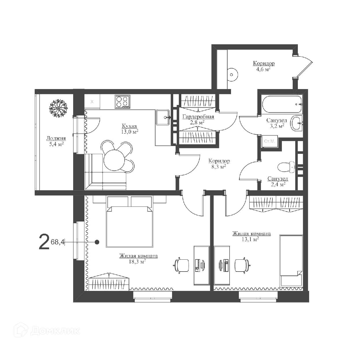 Планировка 2-комнатной квартиры 68.4 м² в ЖК Акварели Парк, г. Зеленодольск — фото 1