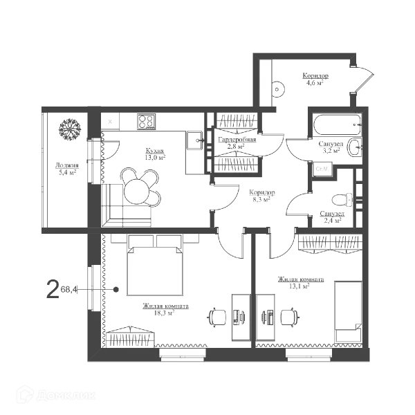 Планировка 2 комн. в ЖК Акварели Парк