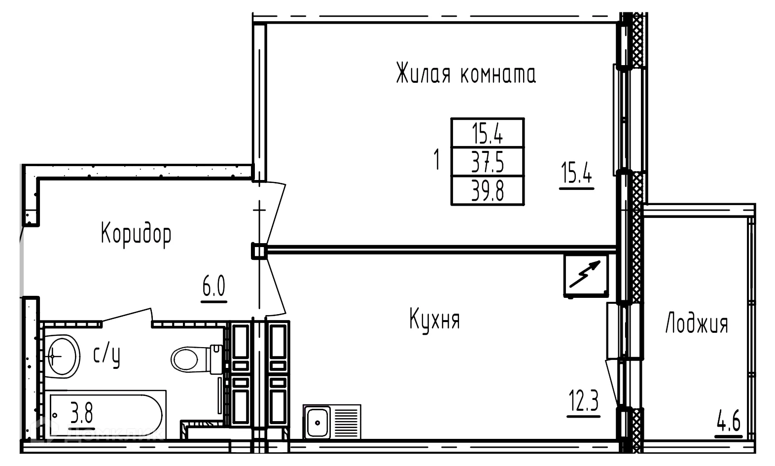 Планировка 1-комнатной квартиры 39.8 м² в ЖК Акварели Парк, г. Зеленодольск — фото 1