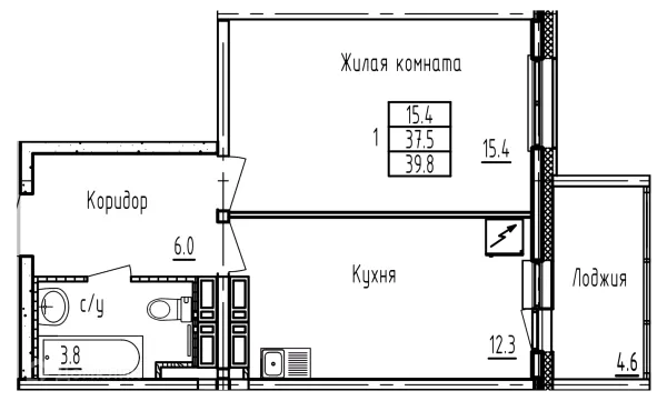 Планировка 1 комн. в ЖК Акварели Парк