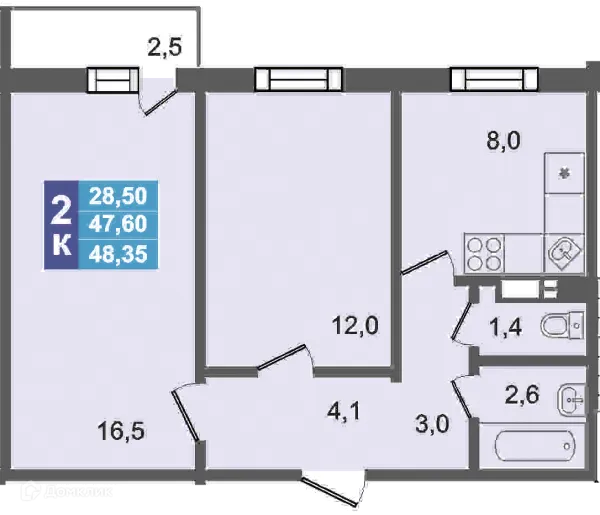 Планировка 2 комн. в ЖК Дом по ул Короленко