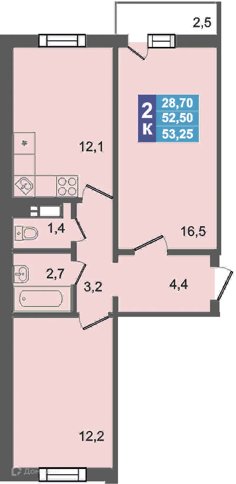 Планировка 2-комнатной квартиры 53.25 м² в ЖК Дом по ул Короленко, г. Копейск — фото 1