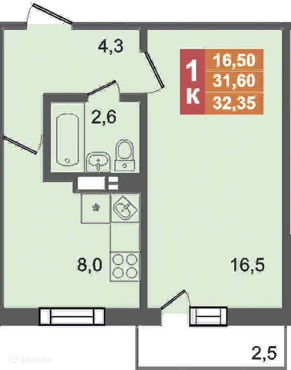 Планировка 1 комн. в ЖК Дом по ул Короленко