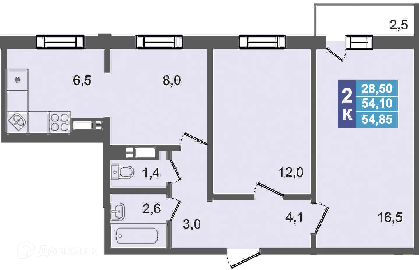 Планировка 2-комнатной квартиры 54.85 м² в ЖК Дом по ул Короленко, г. Копейск — фото 1
