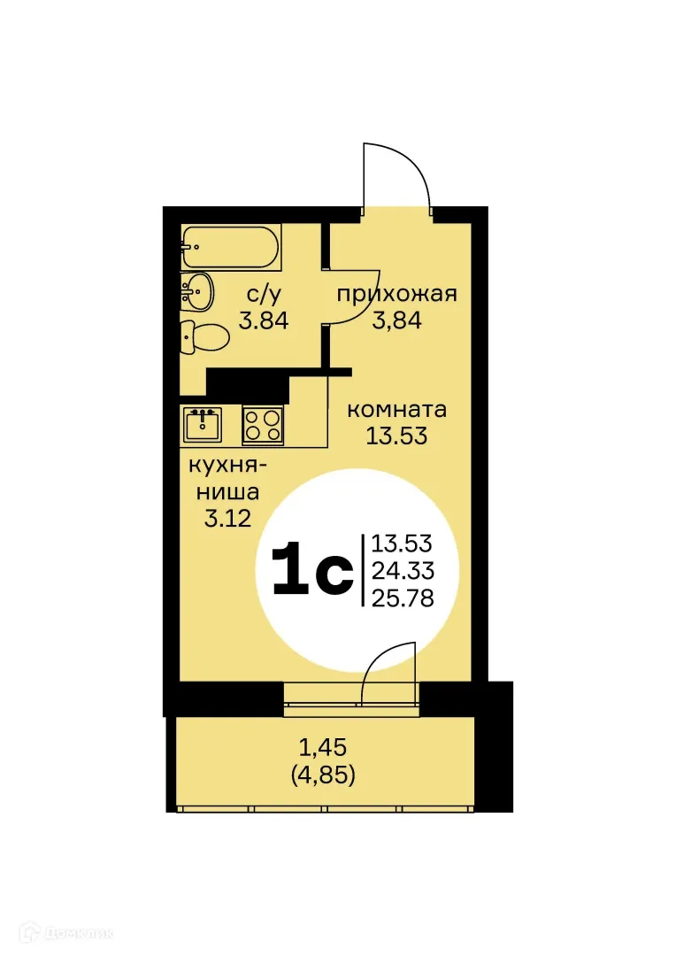Планировка 1-комнатной квартиры 25 м² в ЖК Маяк, г. Краснокамск — фото 1