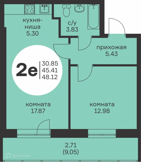 Планировка 2 комн. в ЖК Маяк