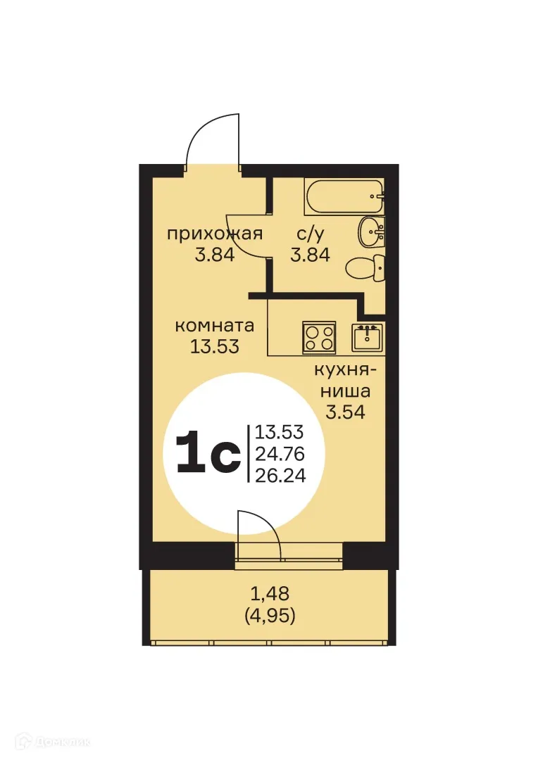 Планировка 1-комнатной квартиры 26 м² в ЖК Маяк, г. Краснокамск — фото 1
