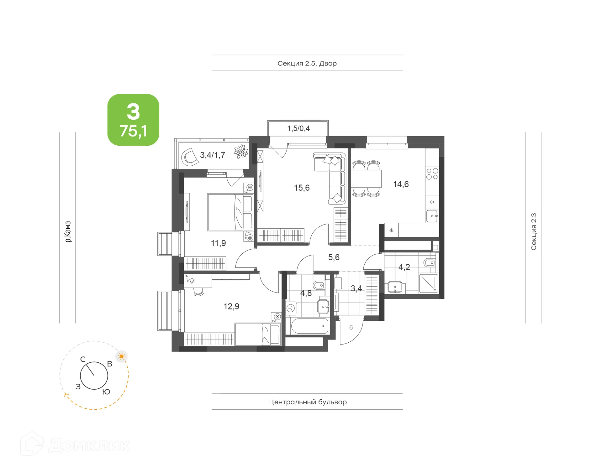 Планировка 3-комнатной квартиры 75.1 м² в ЖК Премьер-квартал на Набережной, г. Набережные Челны — фото 1