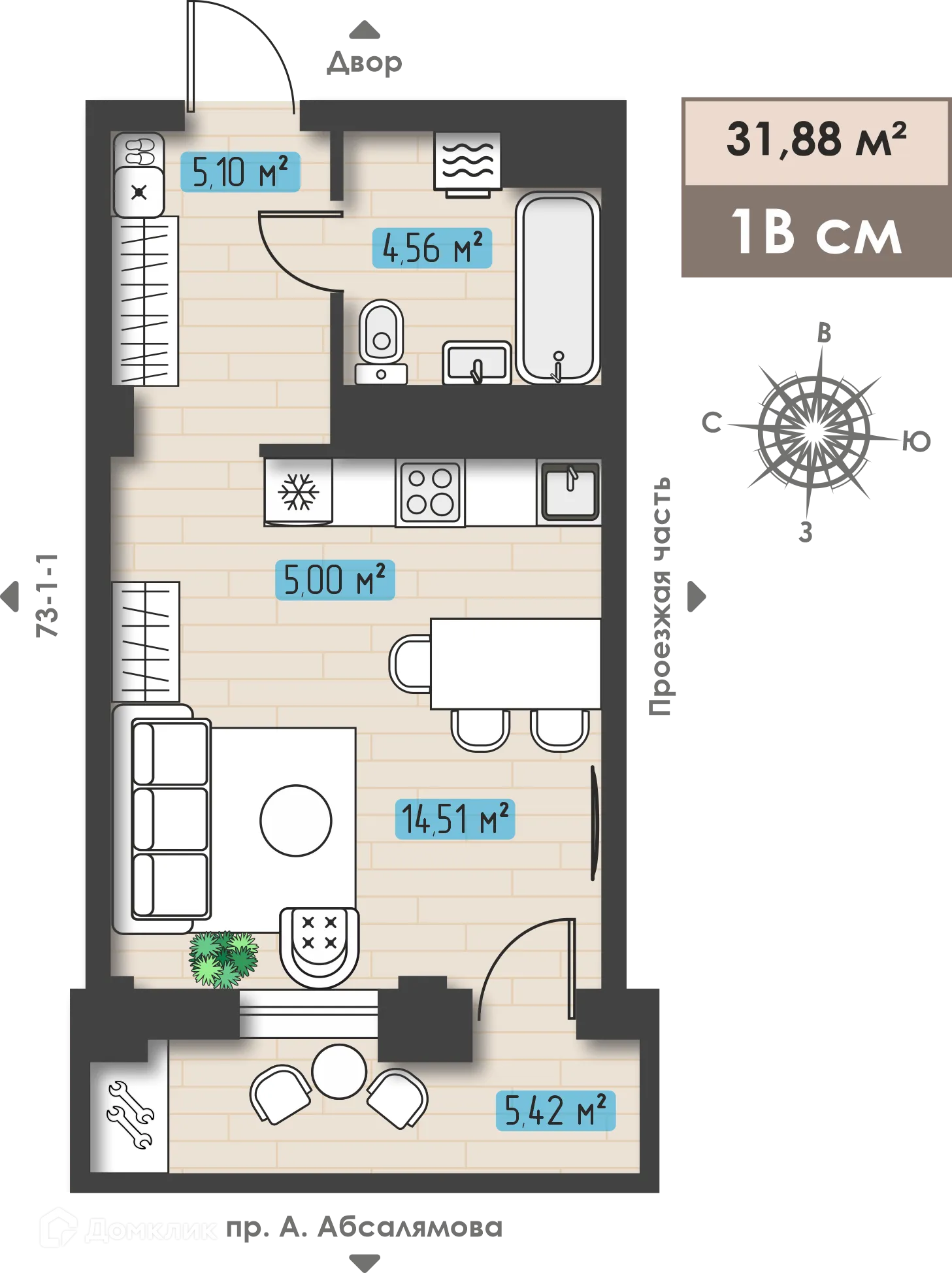 Планировка 1-комнатной квартиры 31.88 м² в ЖК Компас, г. Набережные Челны — фото 1